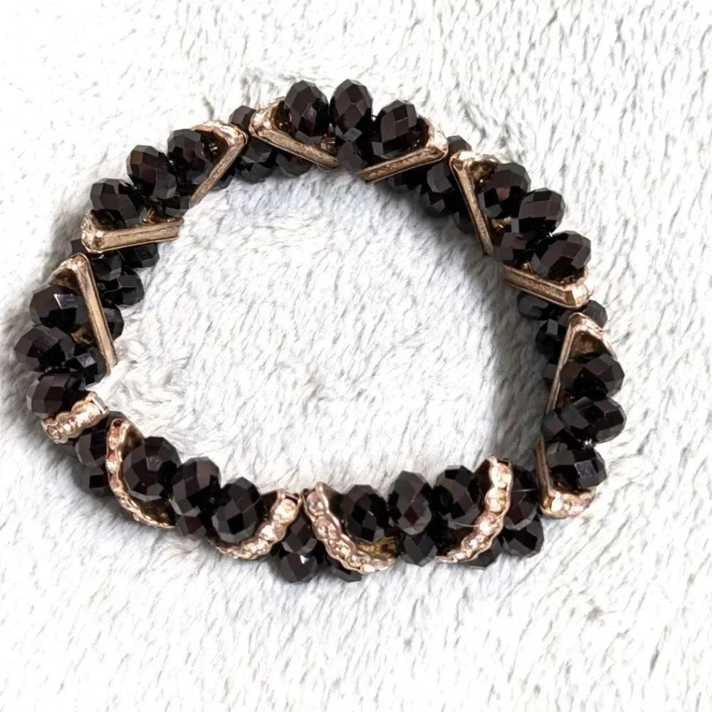 Vintage Black Crystal Bead Stretchy Bracelet with Rhinestone Accents